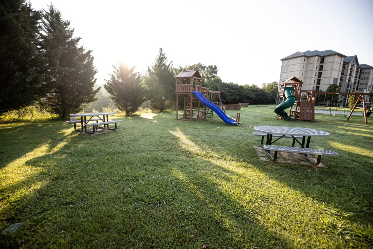 This exterior image captures a vibrant outdoor scene with playground equipment, picnic tables, and mature trees. Children are seen playing, while families gather at nearby tables, suggesting a lively, communal atmosphere. The surroundings are green and well-maintained, ideal for family-friendly activities and group gatherings.
